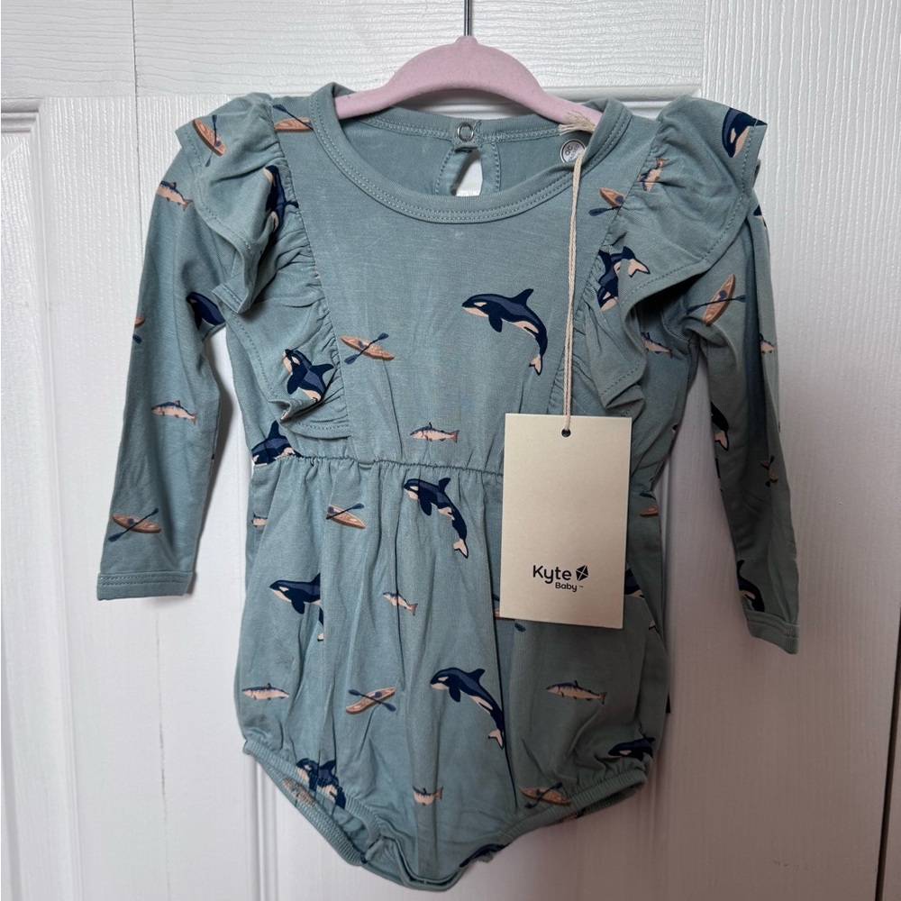 Kyte BABY Teal Whale Print Ruffle Bodysuit